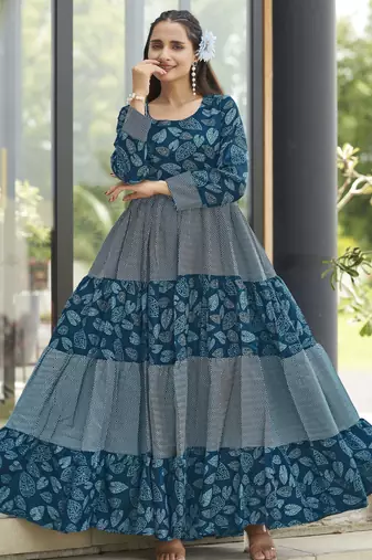 Women petrol blue leaf printed tiered anarkali maxi dress