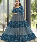 Women petrol blue leaf printed tiered anarkali maxi dress