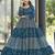 Women petrol blue leaf printed tiered anarkali maxi dress