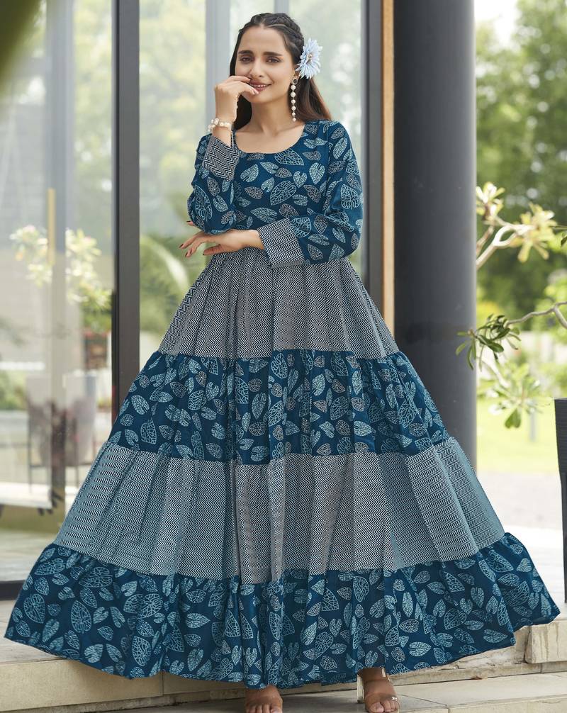 Women petrol blue leaf printed tiered anarkali maxi dress