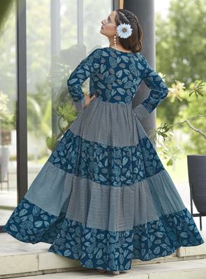 Women petrol blue leaf printed tiered anarkali maxi dress 2