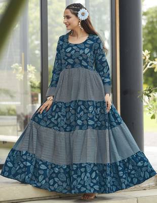 Women petrol blue leaf printed tiered anarkali maxi dress 3