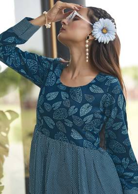 Women petrol blue leaf printed tiered anarkali maxi dress 4
