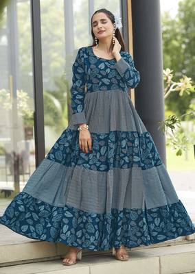 Women petrol blue leaf printed tiered anarkali maxi dress 5
