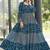 Women petrol blue leaf printed tiered anarkali maxi dress