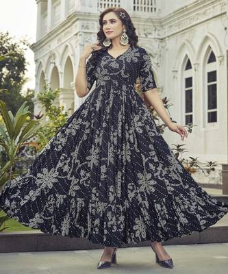 Women black floral printed flared anarkali maxi dress 1