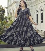 Women black floral printed flared anarkali maxi dress