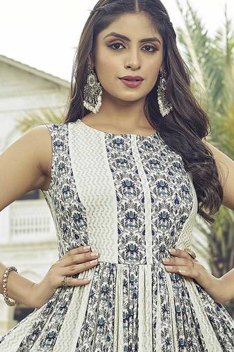 Women white printed sleeveless anarkali maxi gown