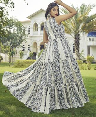 Women white printed sleeveless anarkali maxi gown 2