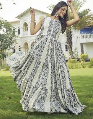 Women white printed sleeveless anarkali maxi gown 3