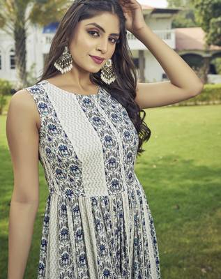 Women white printed sleeveless anarkali maxi gown 4