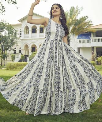 Women white printed sleeveless anarkali maxi gown 5