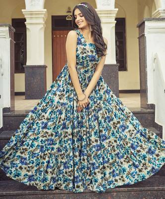 Women beige-blue floral printed sleeveless anarkali maxi gown 1