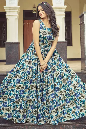 Women beige-blue floral printed sleeveless anarkali maxi gown
