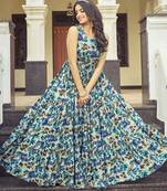 Women beige-blue floral printed sleeveless anarkali maxi gown