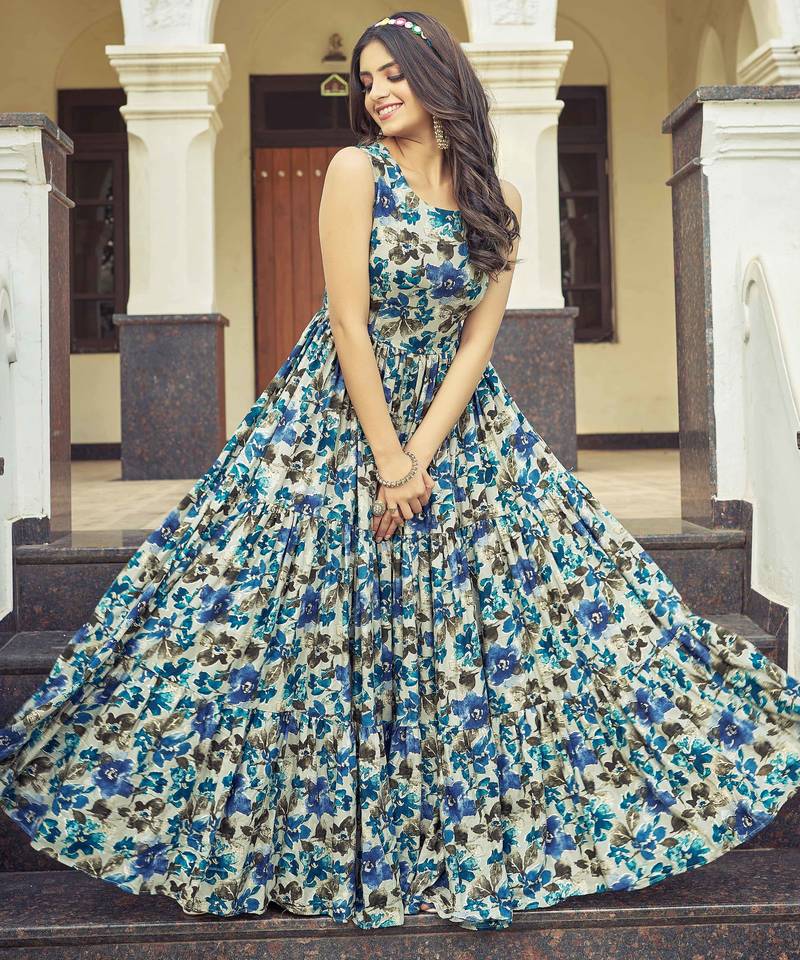 Women beige-blue floral printed sleeveless anarkali maxi gown