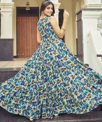 Women beige-blue floral printed sleeveless anarkali maxi gown 2