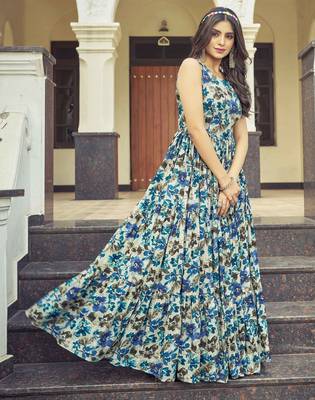 Women beige-blue floral printed sleeveless anarkali maxi gown 3