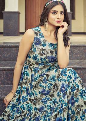 Women beige-blue floral printed sleeveless anarkali maxi gown 4