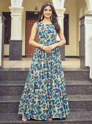 Women beige-blue floral printed sleeveless anarkali maxi gown 5
