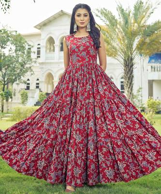 Women red floral printed sleeveless anarkali maxi gown 1