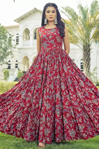 Women red floral printed sleeveless anarkali maxi gown