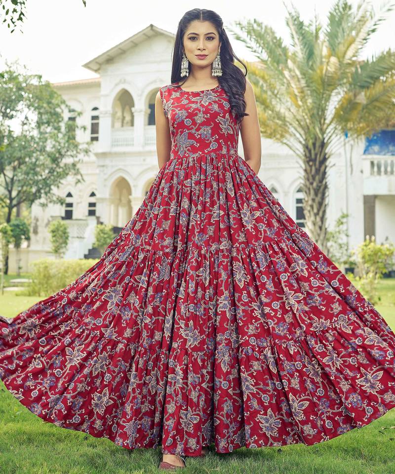 Women red floral printed sleeveless anarkali maxi gown