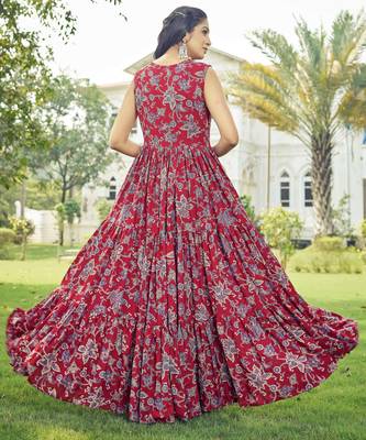 Women red floral printed sleeveless anarkali maxi gown 2