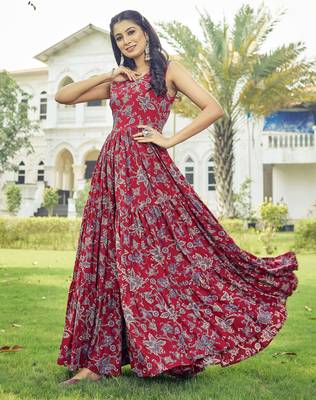 Women red floral printed sleeveless anarkali maxi gown 3