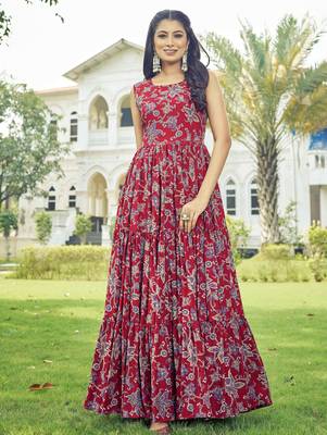 Women red floral printed sleeveless anarkali maxi gown 5