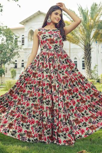 Women beige-red floral printed sleeveless anarkali maxi dress