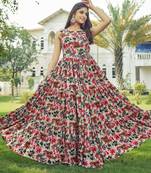 Women beige-red floral printed sleeveless anarkali maxi dress