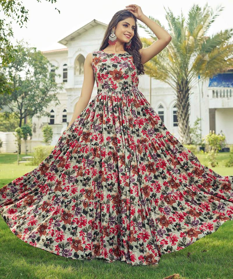 Women beige-red floral printed sleeveless anarkali maxi dress