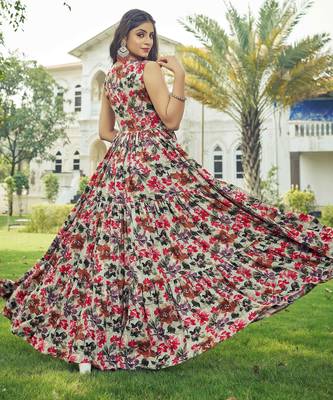 Women beige-red floral printed sleeveless anarkali maxi dress 2