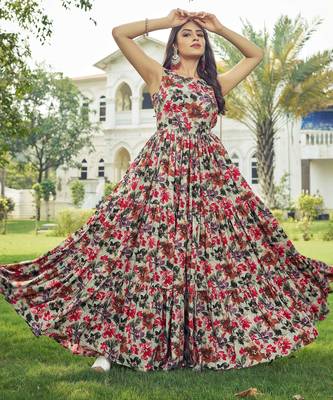 Women beige-red floral printed sleeveless anarkali maxi dress 3