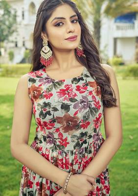 Women beige-red floral printed sleeveless anarkali maxi dress 4