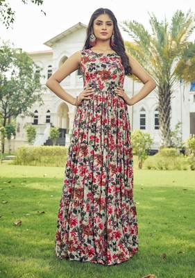 Women beige-red floral printed sleeveless anarkali maxi dress 5