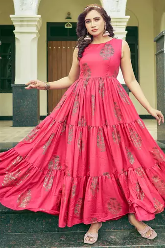 Women pink printed sleeveless tiered anarkali maxi dress