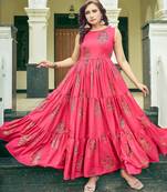 Women pink printed sleeveless tiered anarkali maxi dress