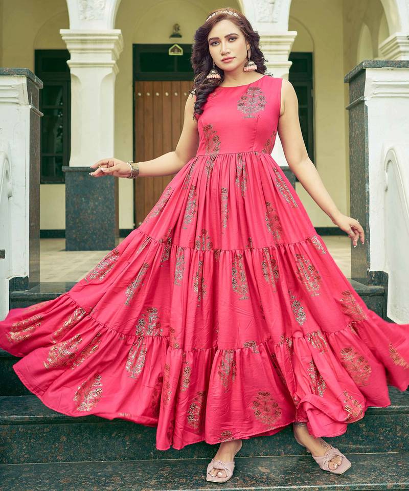 Women pink printed sleeveless tiered anarkali maxi dress