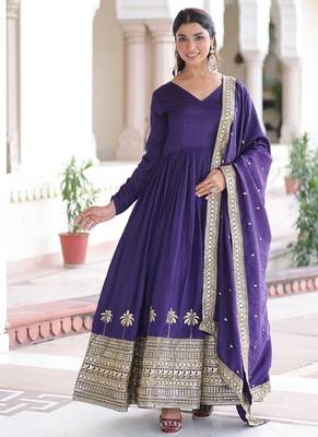 Womens new fancy vichitra silk with rich sequins embroidered work  gown set 1
