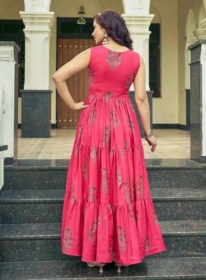 Women pink printed sleeveless tiered anarkali maxi dress 2