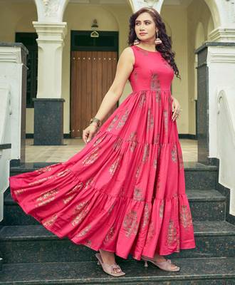 Women pink printed sleeveless tiered anarkali maxi dress 3