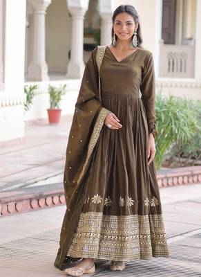 Womens new fancy vichitra silk with rich sequins embroidered work  gown set 1
