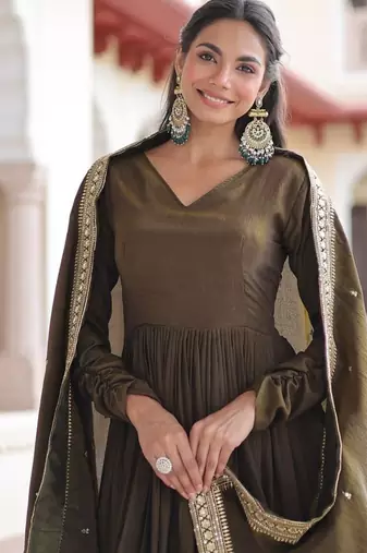 Womens new fancy vichitra silk with rich sequins embroidered work  gown set