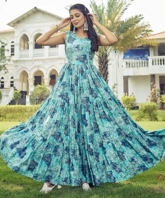 Women sea green  floral printed sleeveless tiered anarkali maxi dress 1