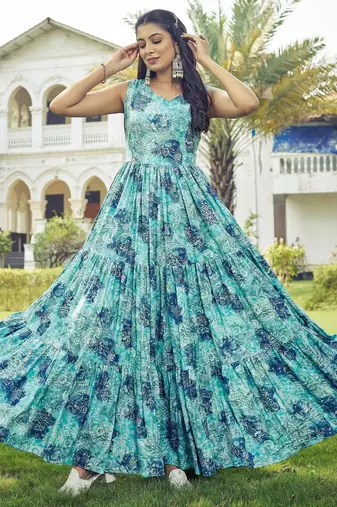 Women sea green  floral printed sleeveless tiered anarkali maxi dress