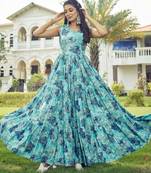 Women sea green  floral printed sleeveless tiered anarkali maxi dress