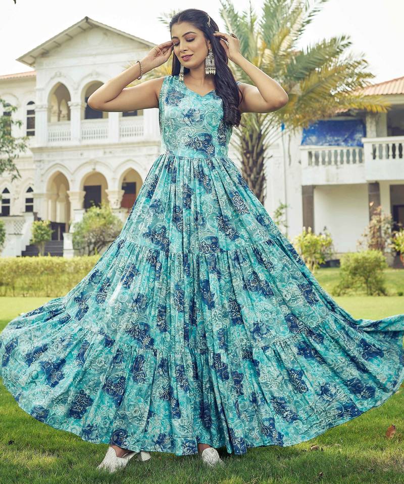 Women sea green  floral printed sleeveless tiered anarkali maxi dress