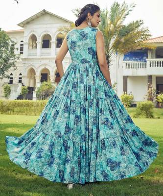 Women sea green  floral printed sleeveless tiered anarkali maxi dress 2